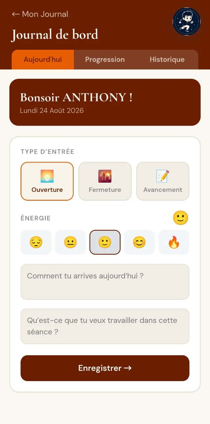 Le journal de bord d'Un Élan : choix du type d'entrée, échelle d'énergie et questions du jour à remplir