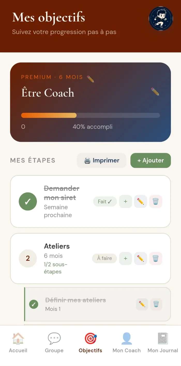 L'écran « Mes objectifs » d'Un Élan : un objectif nommé « Être Coach » accompli à 40 %, découpé en étapes que l'on coche une à une