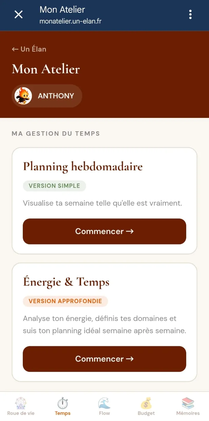 L'écran « Mon Atelier » d'Un Élan : les outils Planning hebdomadaire et Énergie & Temps, chacun avec son bouton pour commencer