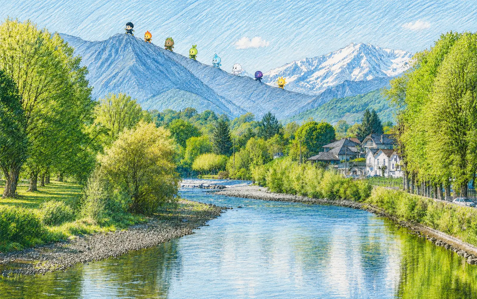 Illustration des Pyrénées vues du Béarn au lever du soleil