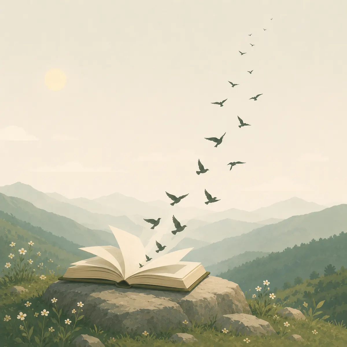 Livre ouvert posé sur un rocher face aux montagnes, d'où s'envole une volée d'oiseaux, illustration de l'esprit qui se libère de sa charge mentale
