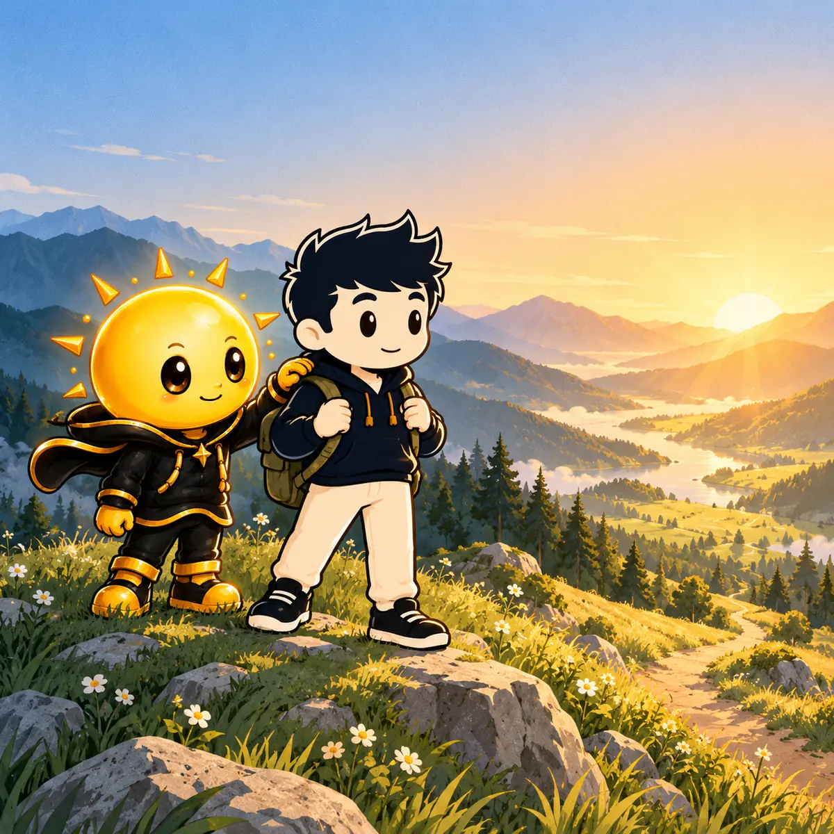 Illustration : Anthony, sac au dos, et un petit personnage soleil debout sur un rocher, face à une vallée de montagne au lever du soleil, un sentier à leurs pieds