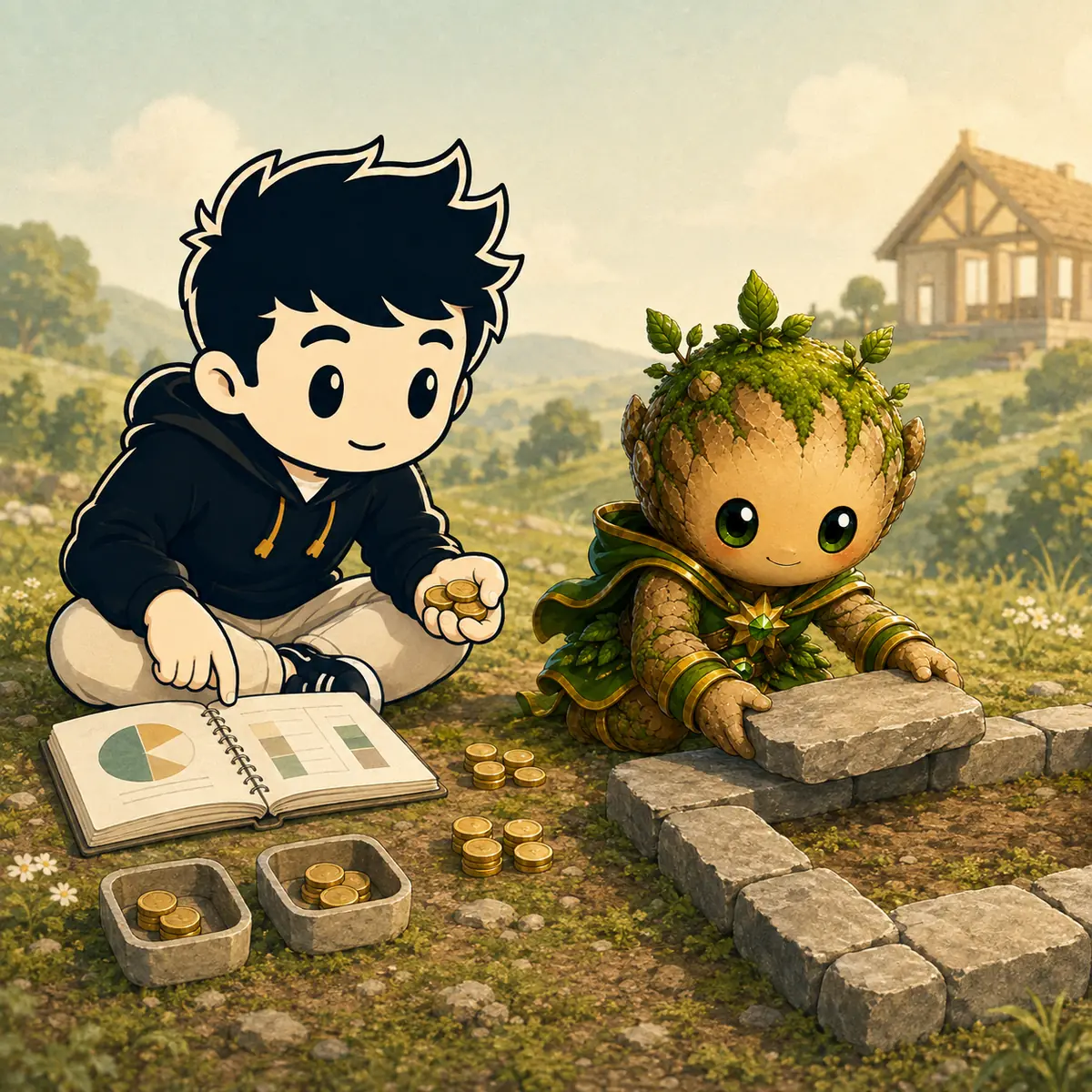 Illustration : Anthony et un petit personnage de mousse posent des pièces en piles sur l'herbe, à côté d'un carnet ouvert, devant une maison en construction